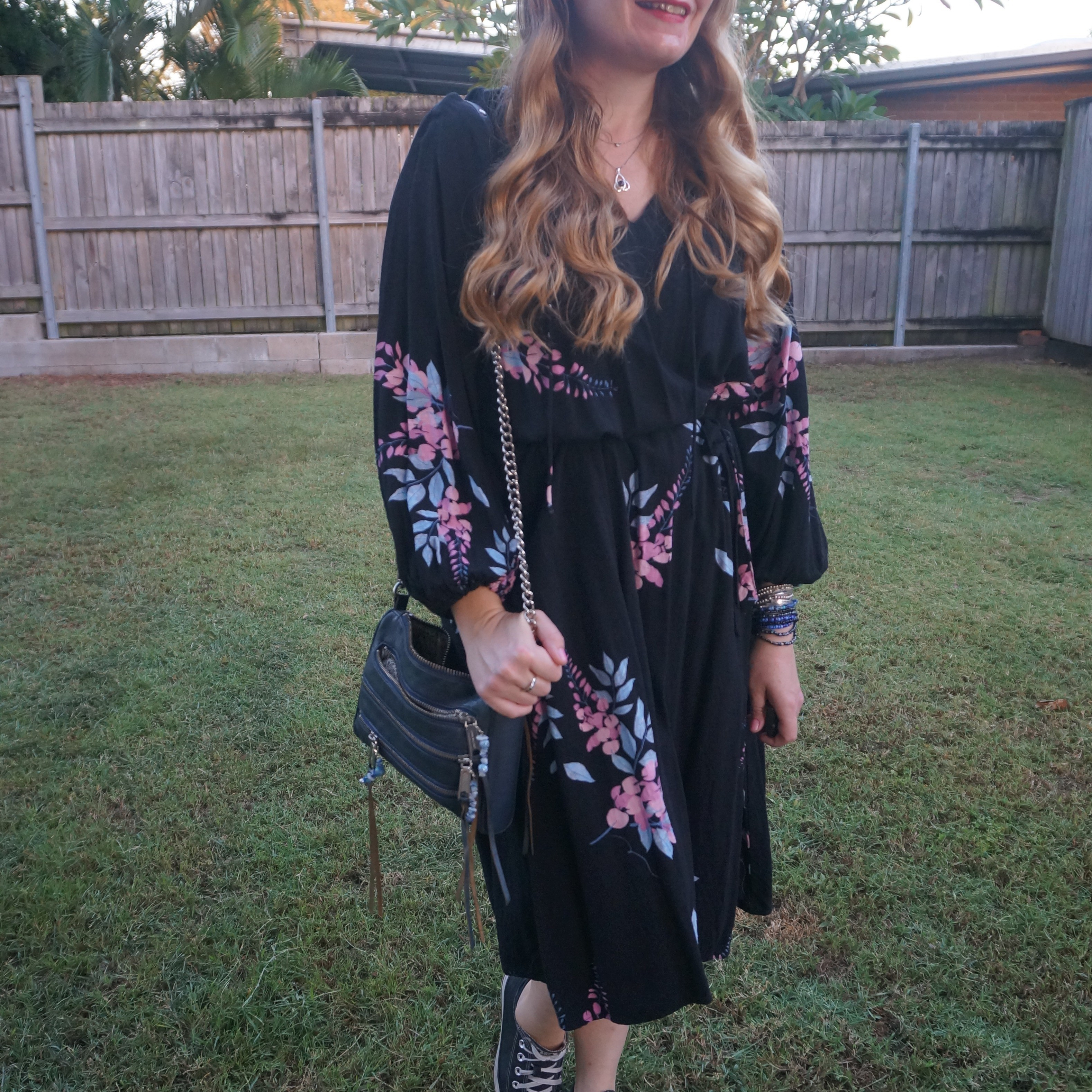 Black Kmart Anko floral midi dress with black Converse and navy Rebecca Minkoff mini 5-zip bag 💙 

#LTKworkwear #LTKaustralia #LTKbag
