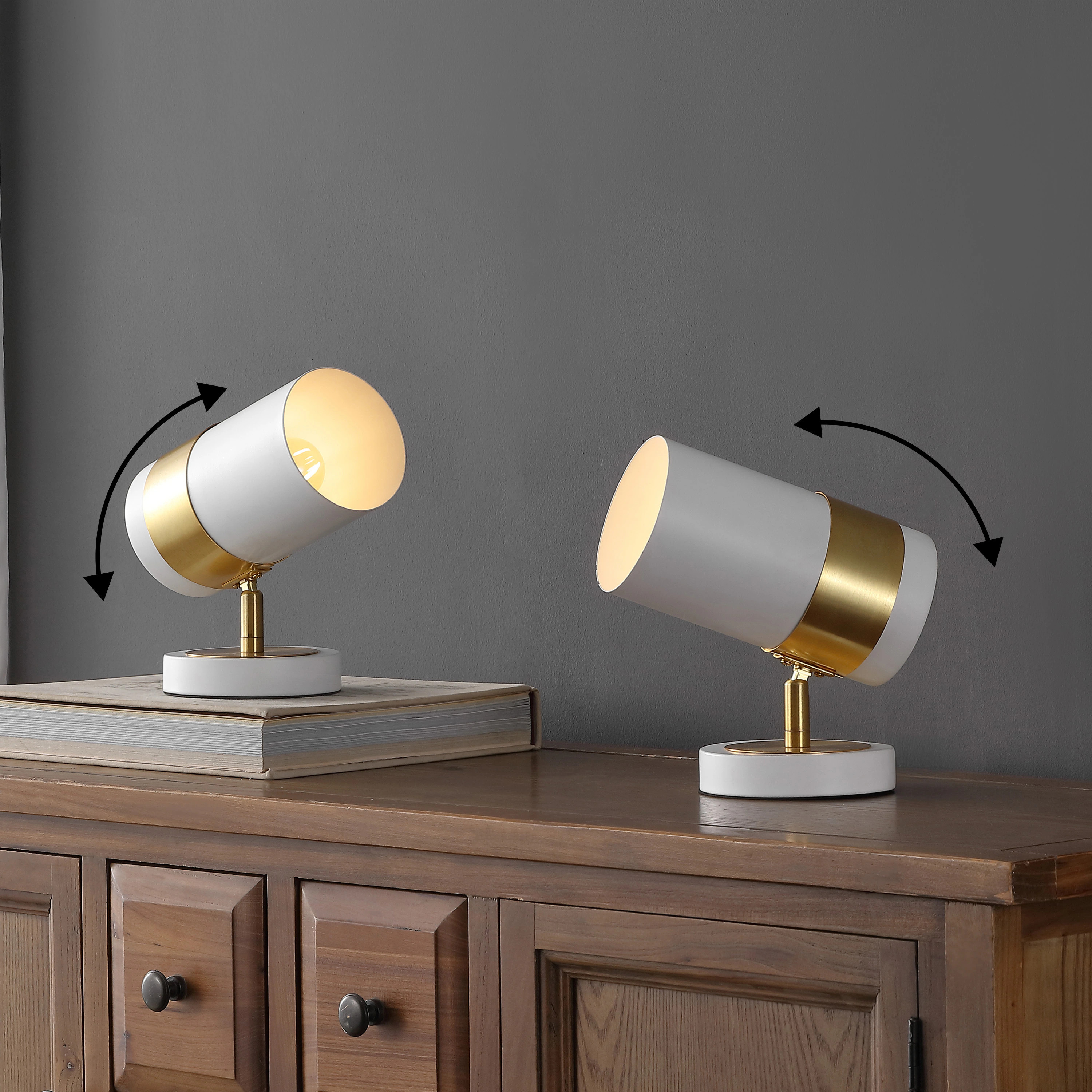 JONATHAN  Y Astra 9.25-in. Modern Industrial Adjustable Metal LED Floor Uplight Spotlight - White/Brass Gold (Set of 2) | Lowe's
