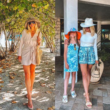 Two new looks I’ve worn in Florida 🌴❤️ wearing a small in dress and a 27 in shorts, medium in long white top and a large in hat 