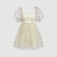 Womens Sheer Mesh Square Neckline Embroidered Dress With Plant Pattern | SHEIN