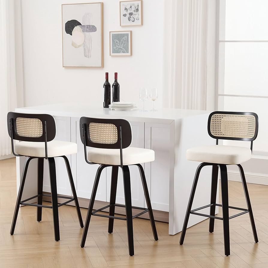 Swivel Counter Height Bar Stools Set of 3, Upholstered Faux Leather Barstools with Rattan Back, 2... | Amazon (US)