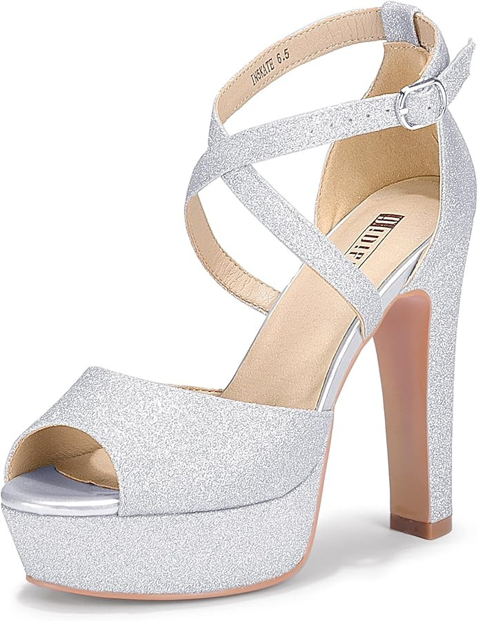 IDIFU Women's Platform Chunky High Heels Dress Sandals Peep Toe Ankle Strap Wedding Party Evening... | Amazon (US)