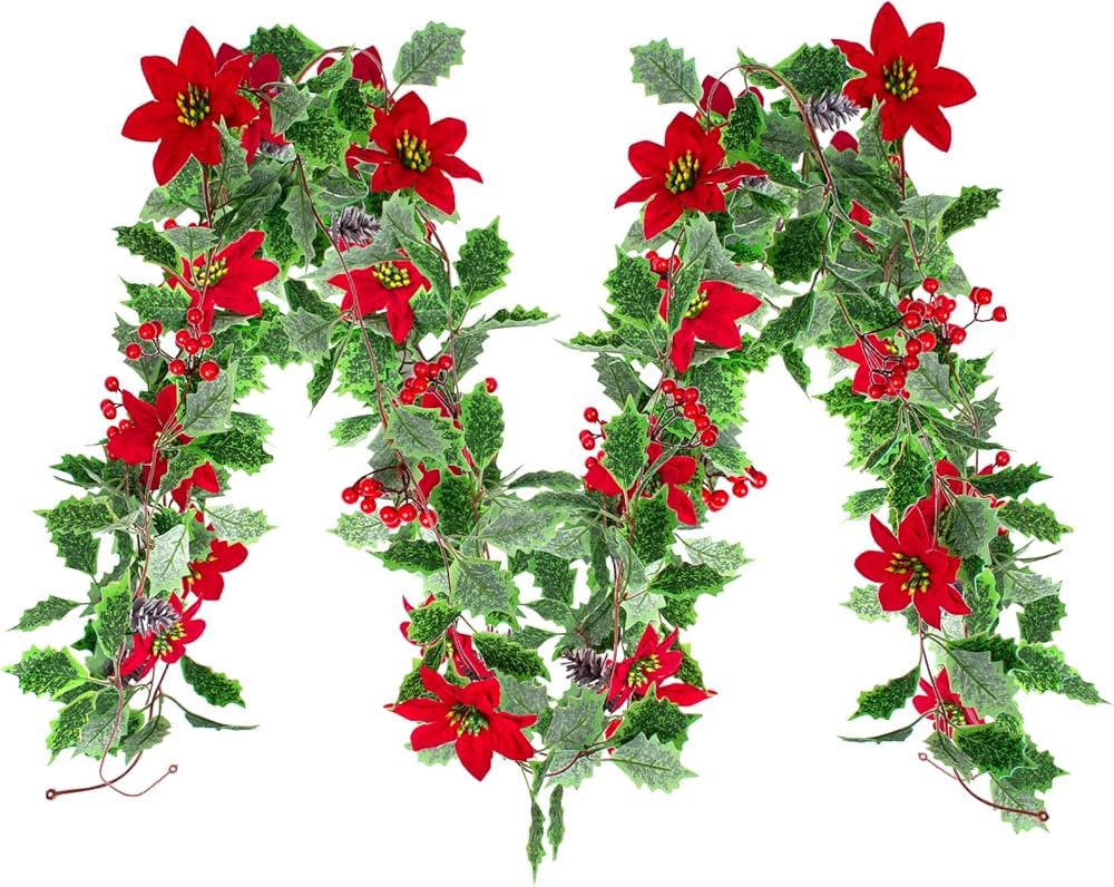 3 Pack Christmas Poinsettia Garland 25.5 Feet Artificial Poinsettia Flower Garland with Green Hol... | Amazon (US)