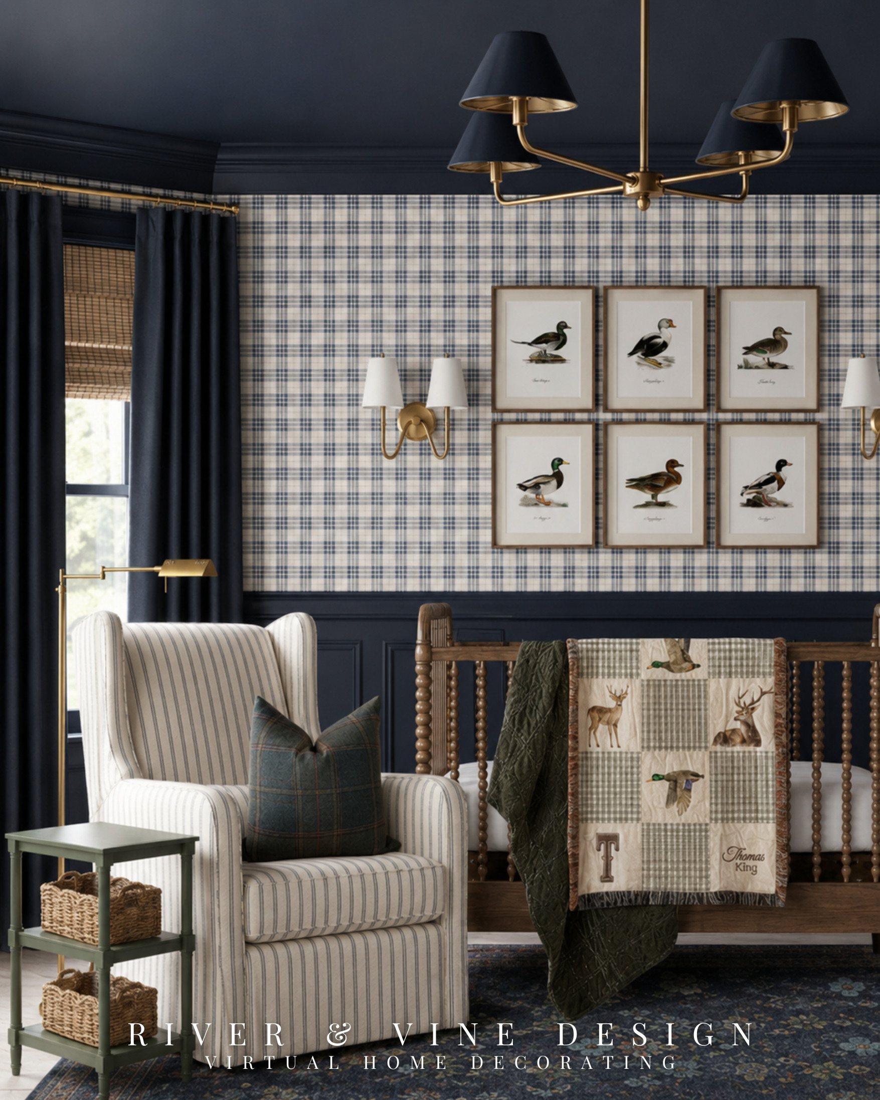 A themed nursery feels elevated when the theme supports the design instead of taking it over.

This hunting-inspired nursery uses classic plaid wallpaper, deep navy millwork and collected wildlife artwork to create a room that feels playful now—but still sophisticated enough to grow with a child. The key is repeating the theme selectively: ducks appear in the artwork and quilt, while the larger pieces stay timeless.

Would you use plaid wallpaper in a nursery, or keep it to a smaller accent?

Traditional nursery design, boy nursery ideas, hunting nursery, duck nursery decor, plaid wallpaper, navy nursery, vintage wildlife art, spindle crib, classic children’s room.

Affiliate links may earn me a commission at no additional cost to you.

#LTKHome