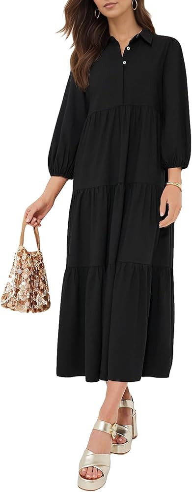 Women Flowy Maxi Dresses Casual V Neck Smocked Tiered Babydoll Sundress Beach Long Skirt with Poc... | Amazon (US)