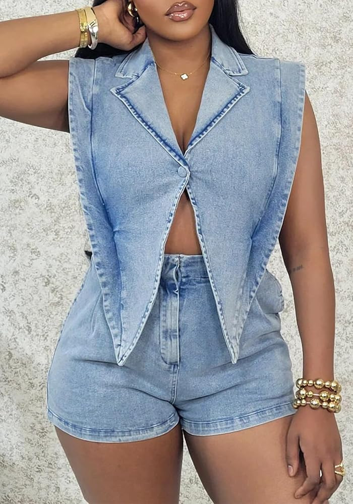 Famnbro Womens Denim Romper Y2k Sleeveless V Neck Lapel Blazers Vest Work Business Short Jeans Jumpsuits | Amazon (US)