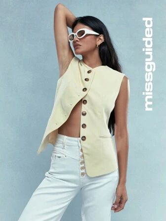 MISSGUIDED Tailored Buttoned Sleeveless Backless Jacket With Pocket Details | SHEIN