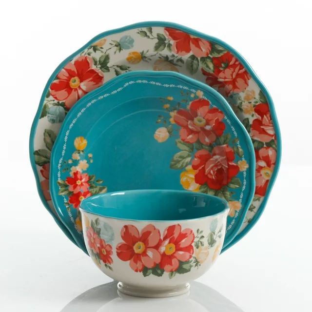 The Pioneer Woman Vintage Floral 12-Piece Dinnerware Set, Teal | Walmart (US)