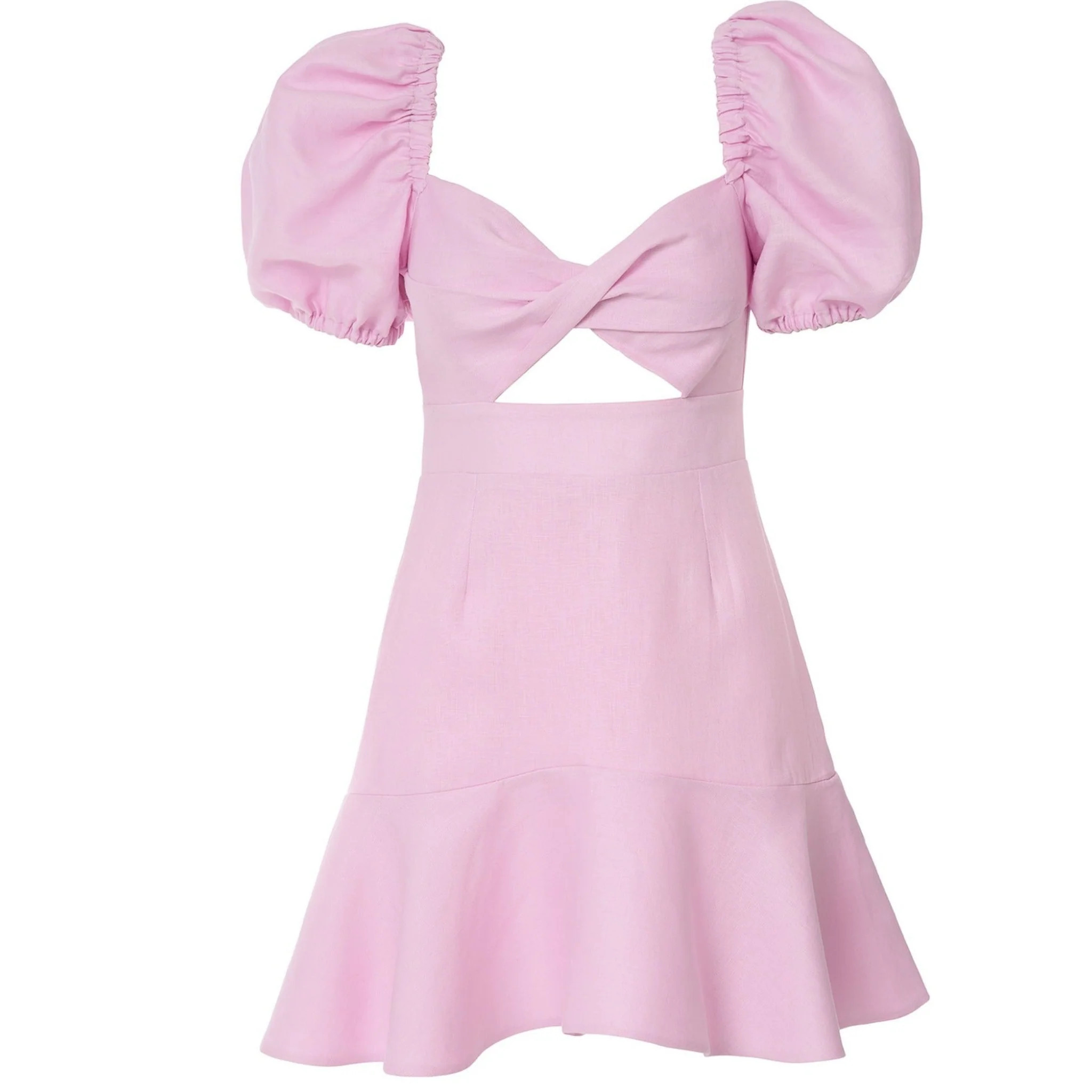 Pink Linen Mini Dress with Puff Sleeves S | DOORS NYC