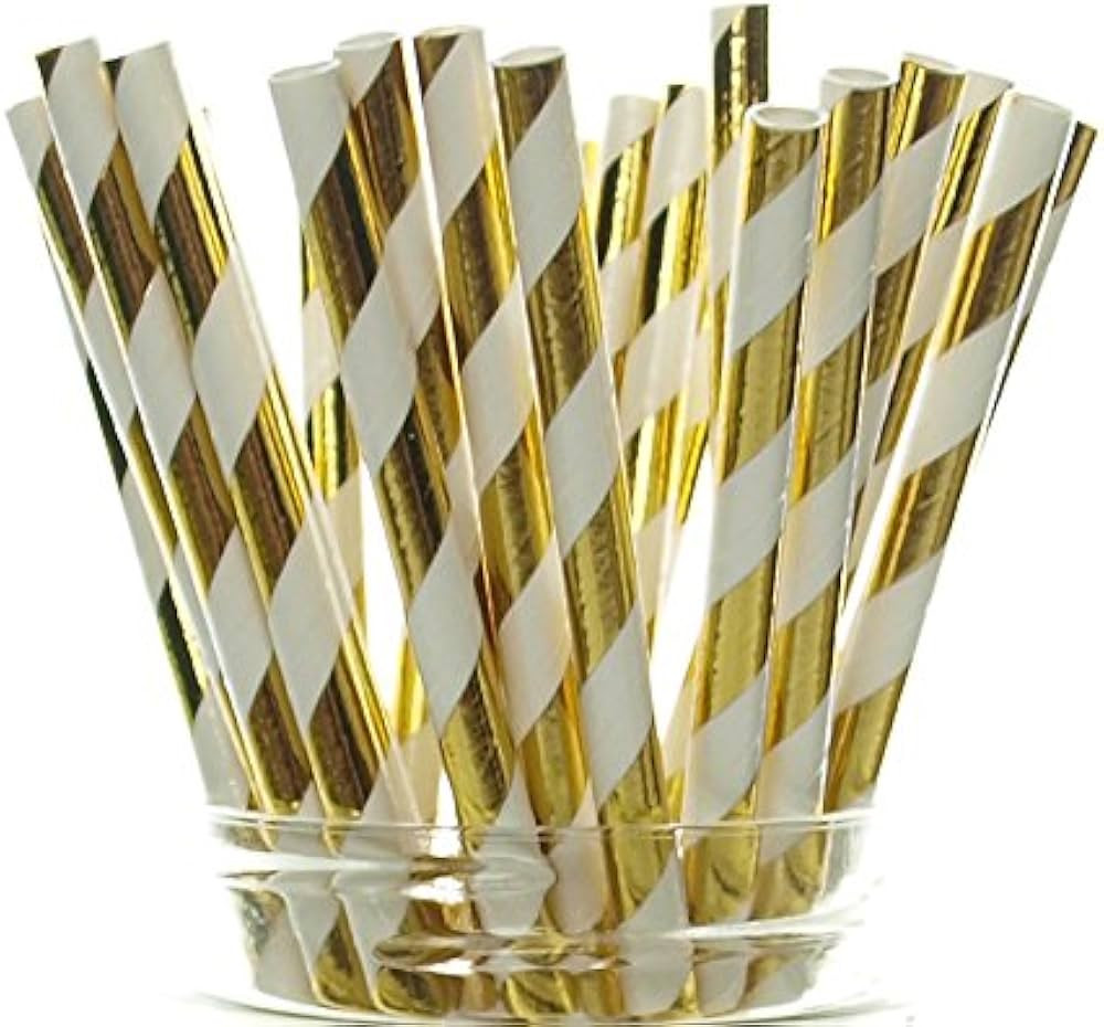 Gold Foil Stripe Straws (25 Pack) - Metallic Gold Stripe Straws, Paper Drinking Straws, Golden An... | Amazon (US)