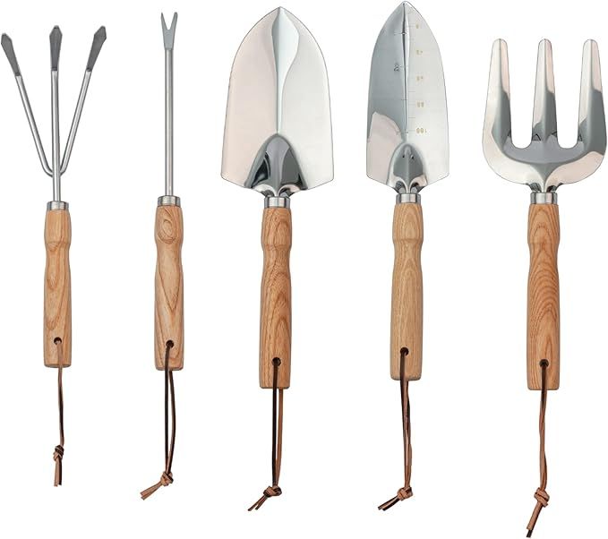 Garden Tool Set with Wooden Handle, 5 Pcs Gardening Tools Includes Hand Trowel, Hand Transplanter... | Amazon (US)