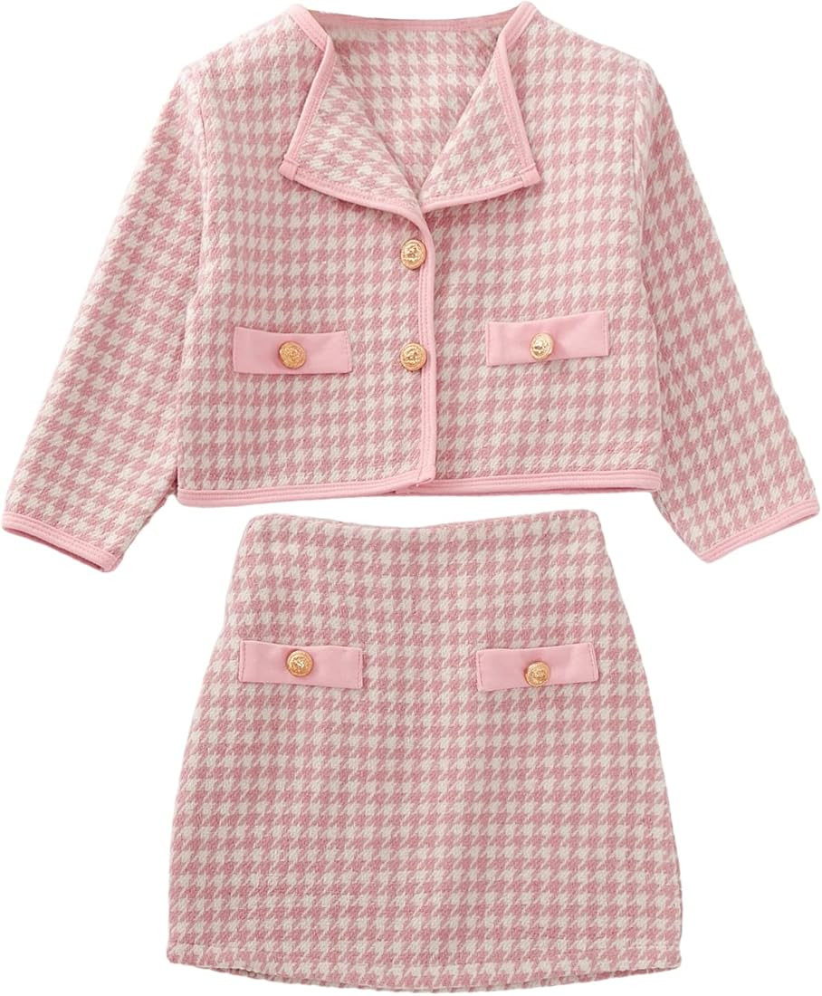 WDIRARA Toddler Girl's 2 Piece Houndstooth Button Front Long Sleeve Round Neck Jacket and Skirt O... | Amazon (US)