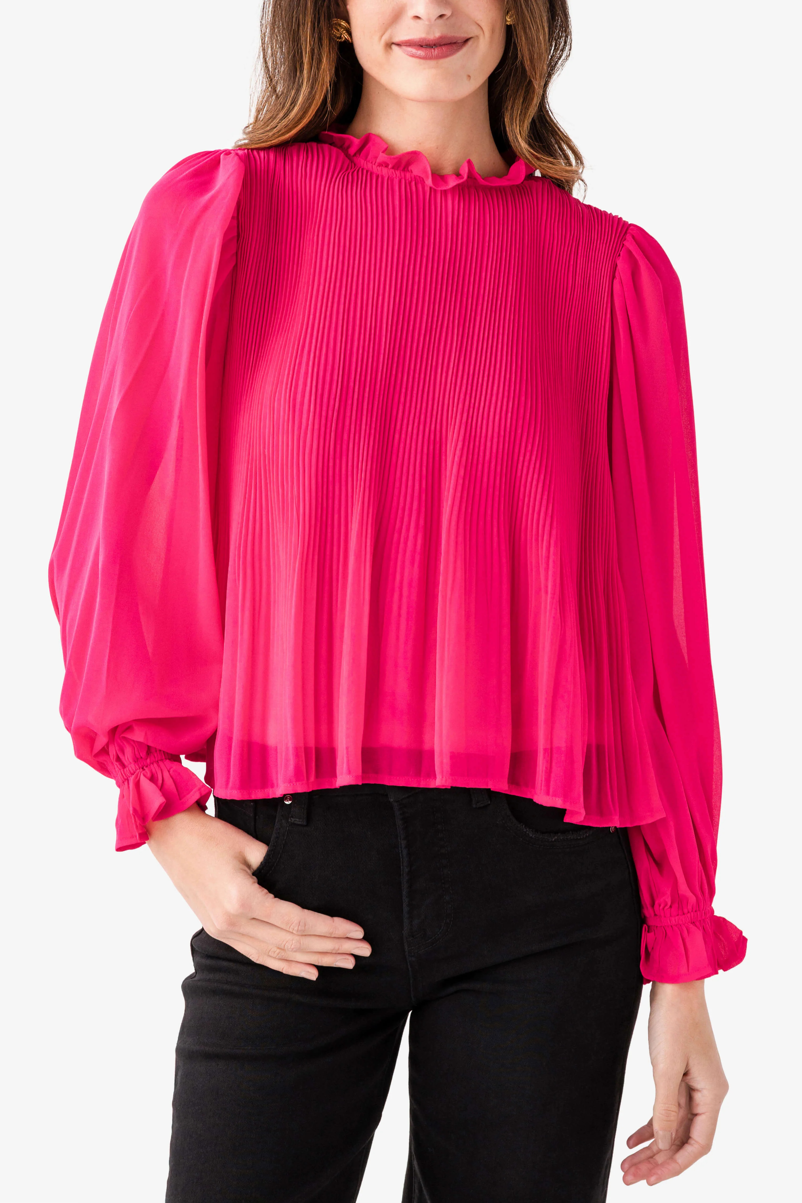 &Merci Pleated High Ruffle Neck Top | Social Threads