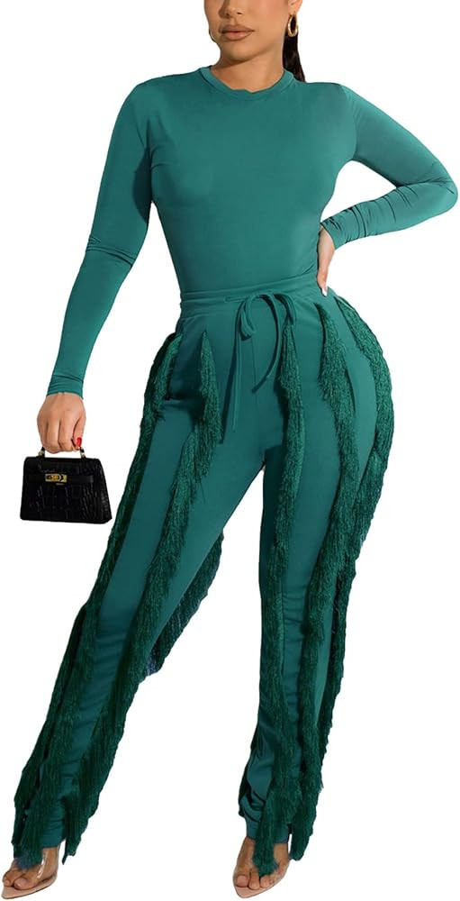 Vakkest Women's 2 Piece Outfits Sleeveless Tanks Top High Waist Fringe Long Pants Casual Tassels ... | Amazon (US)