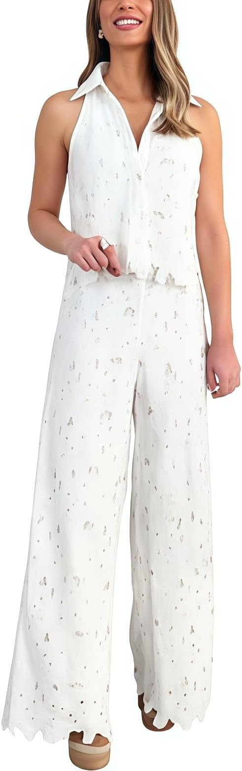 Lace Two Piece Outfits for Women Pants Set Floral Lace Lapel Vest Top Tank Crop Top with Wide Leg... | Amazon (US)