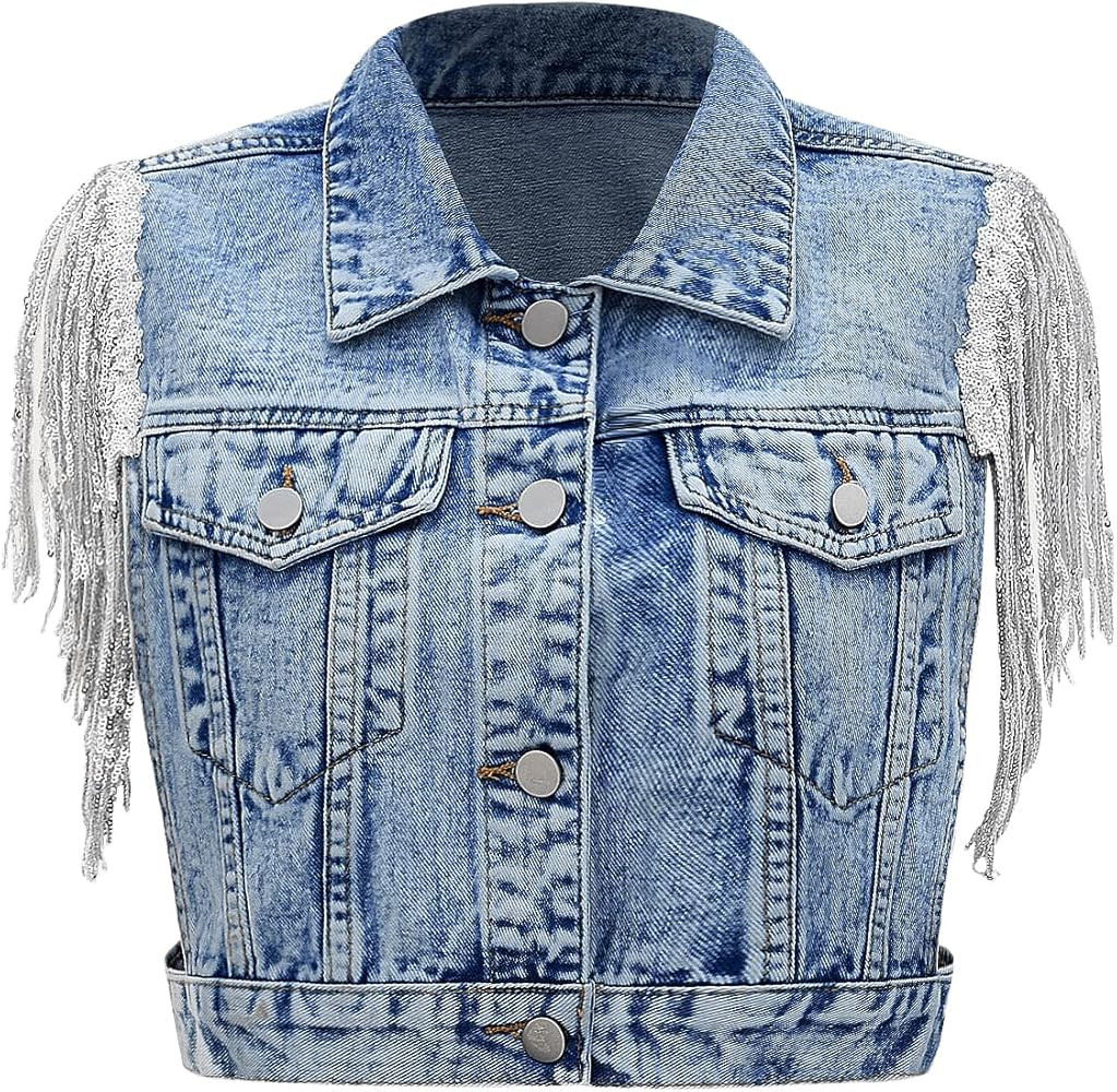 SweatyRocks Women's Fringe Button Down Crop Denim Jacket Sleeveless Collared Jean Coats | Amazon (US)