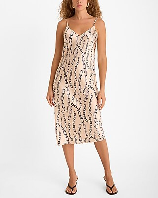 Satin Printed V-Neck Midi Downtown Cami Slip Dress | Express