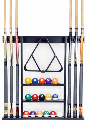 Iszy Billiards Pool Cue Rack - Billiard Stick Holder Only - 100% Wood Wall Mount Holds 6 Cues and a Full Set of Balls - Pool Accessories, Black | Amazon (US)