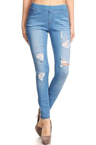 Women's Stretch Pull-On Skinny Ripped Distressed Denim Jeggings Plus Size (XXX-Large, Blue-58) | Amazon (US)
