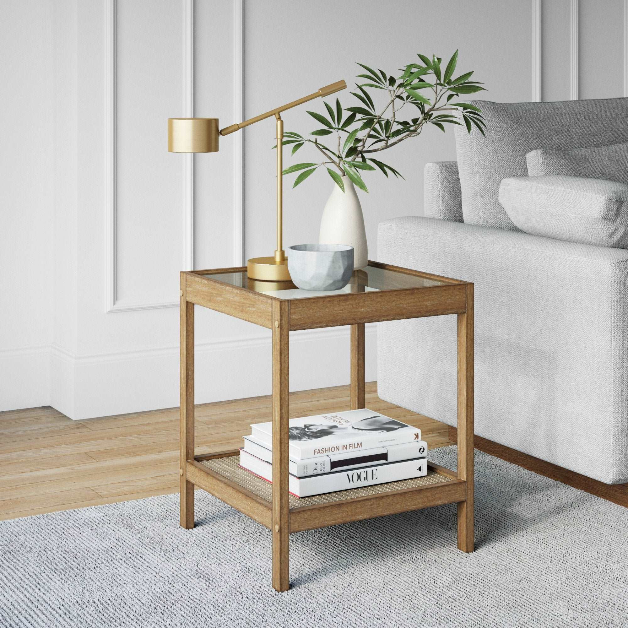 Solid Wood, Rattan & Glass Top Side Table | Nathan James