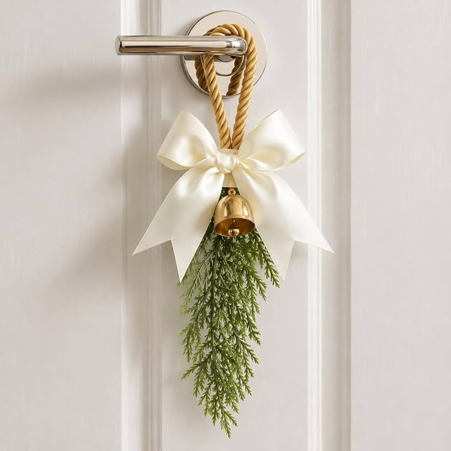2 Pcs Artificial Christmas Teardrop Swag with Satin Bow & Bell, 11.81 Inch | Amazon (US)
