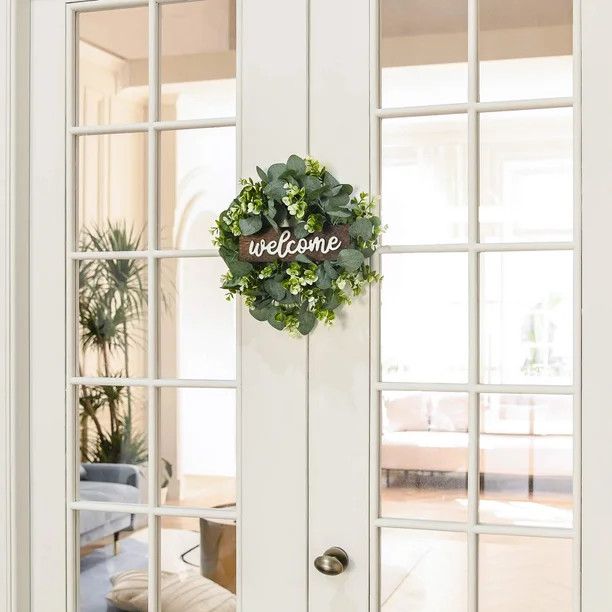 Welcome Sign with Wreaths Small Rustic Front Door Decor Wood Hanging Sign with Artificial Eucalyp... | Walmart (US)
