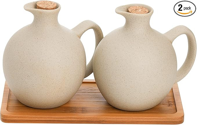 Elsjoy Set of 2 Ceramic Oil Vinegar Dispenser with Cork and Tray, 15 Oz Tabletop Oil Bottles Soy ... | Amazon (US)