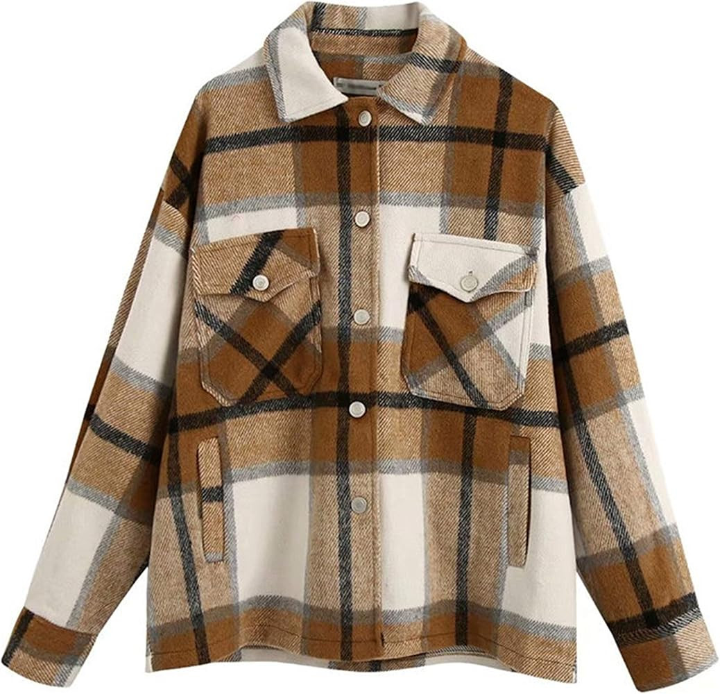 Yimoon Women's Casual Loose Checked Color Block Button Down Jacket with Pockets | Amazon (US)