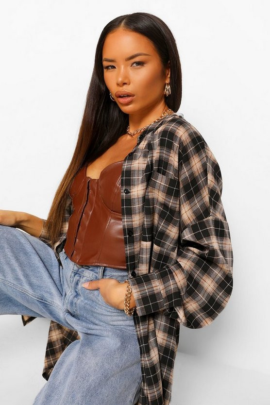 Grandad Collar Oversized Flannel Shirt | Boohoo.com (US & CA)