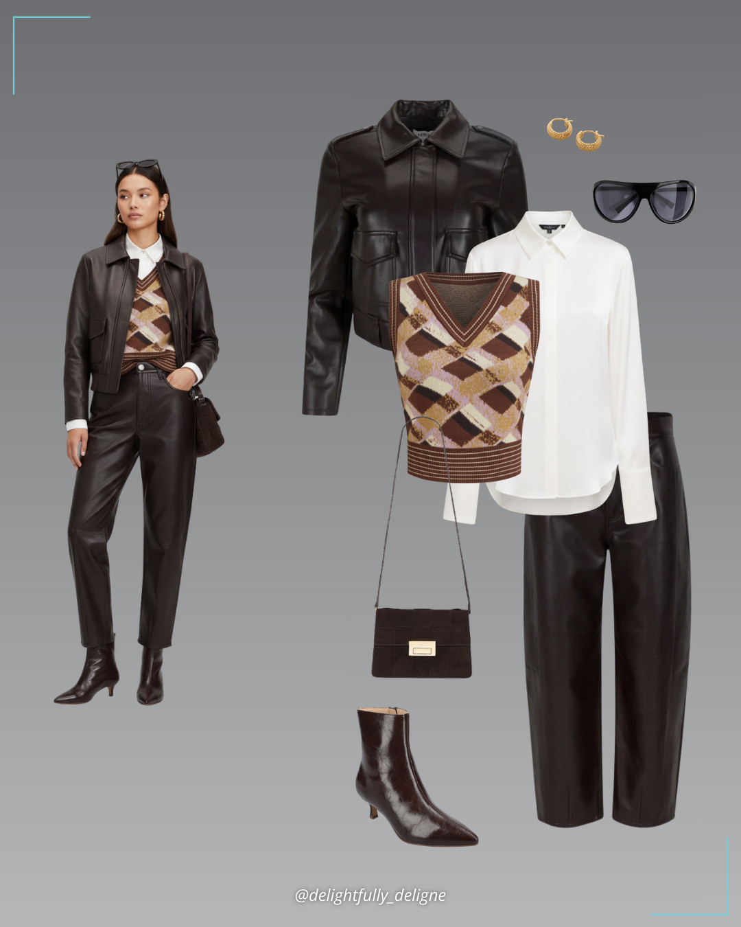 Modern Tartan Moment 🤍🤎Knit tartan V-neck contrasting-binding stripe vest, cinched satin shirt, shrunken jacket in French Roast, high-rise barrel jeans in French Roast, chocolate ankle boots, suede clutch, aviator-style sunglasses & huggie earrings. 

 #LTKgrwm #LTKootd #LTKOver40