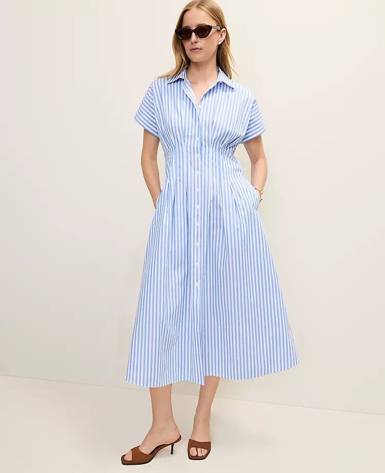Weekend Striped Pleated Midi Shirtdress | Ann Taylor