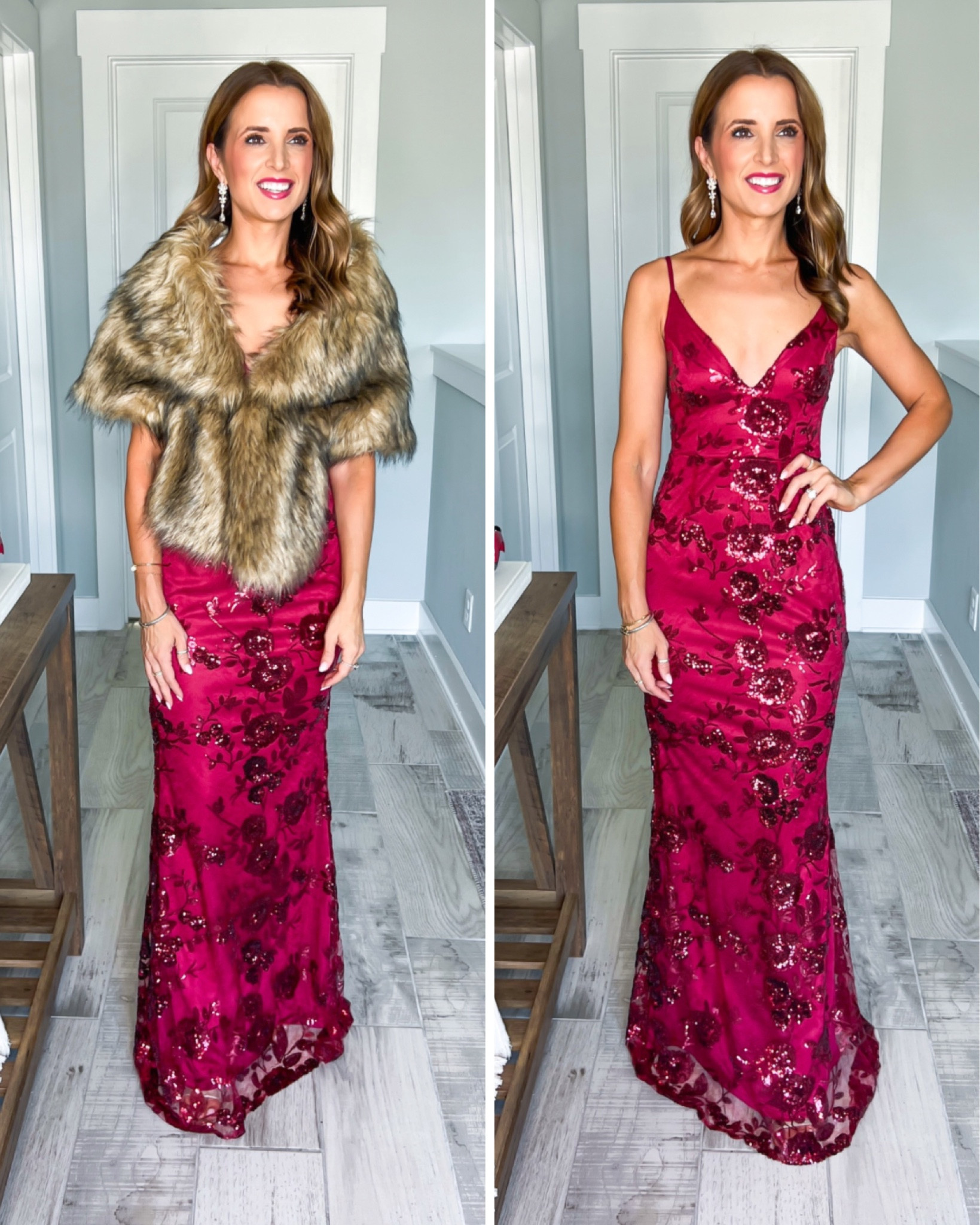 Holiday party outfit. Wedding guest dress. Winter wedding guest. Holiday dress. Christmas party dress. Sequin maxi dress. Amazon faux fur shawl. Code LISA20 works on first time purchases. Wearing XS with adjustable straps  - it’s a little long on me so I would need to have this hemmed. 

#LTKparties #LTKwedding #LTKHoliday