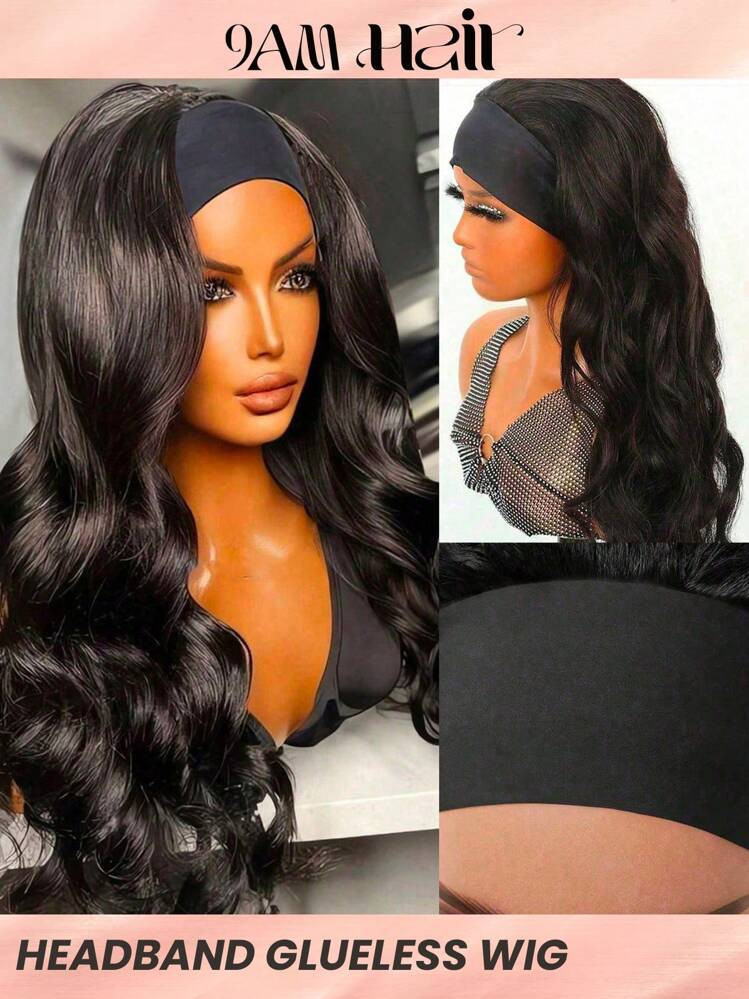Body Wave Headband Wig Human Hair Wigs With Head Band  Affordable Hair Replacement Headbands Wig Ready Wear To Go Daily Use Natural Black Color | SHEIN