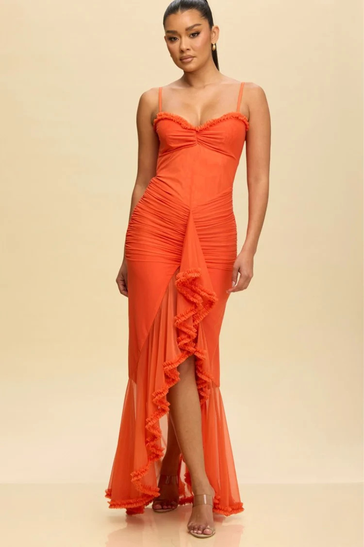 Lauren Shirred Mesh Ruffle Maxi Dress - Orange | Confête