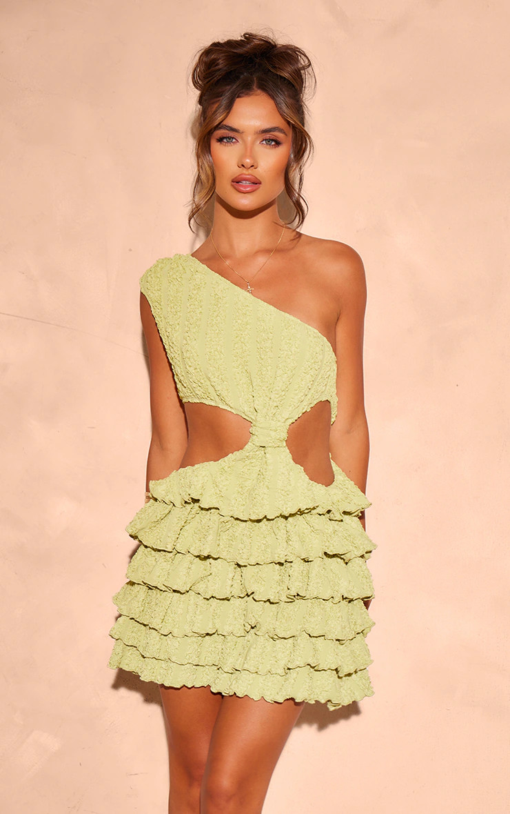 Lime Textured One Shoulder Frill Hem Mini Dress | PrettyLittleThing US