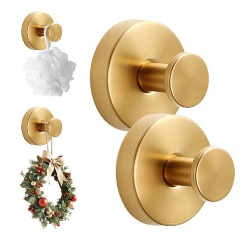 2 Packs Suction Cup Hooks for Wreaths on Glass, Waterproof No-Drill Shower Hooks for Towels, Robes, Coats, Wreaths,Wall Mount Hook for Bathroom, Kitchen and Wreath Hanger for Front Door (2pcs Gold) | Amazon (US)