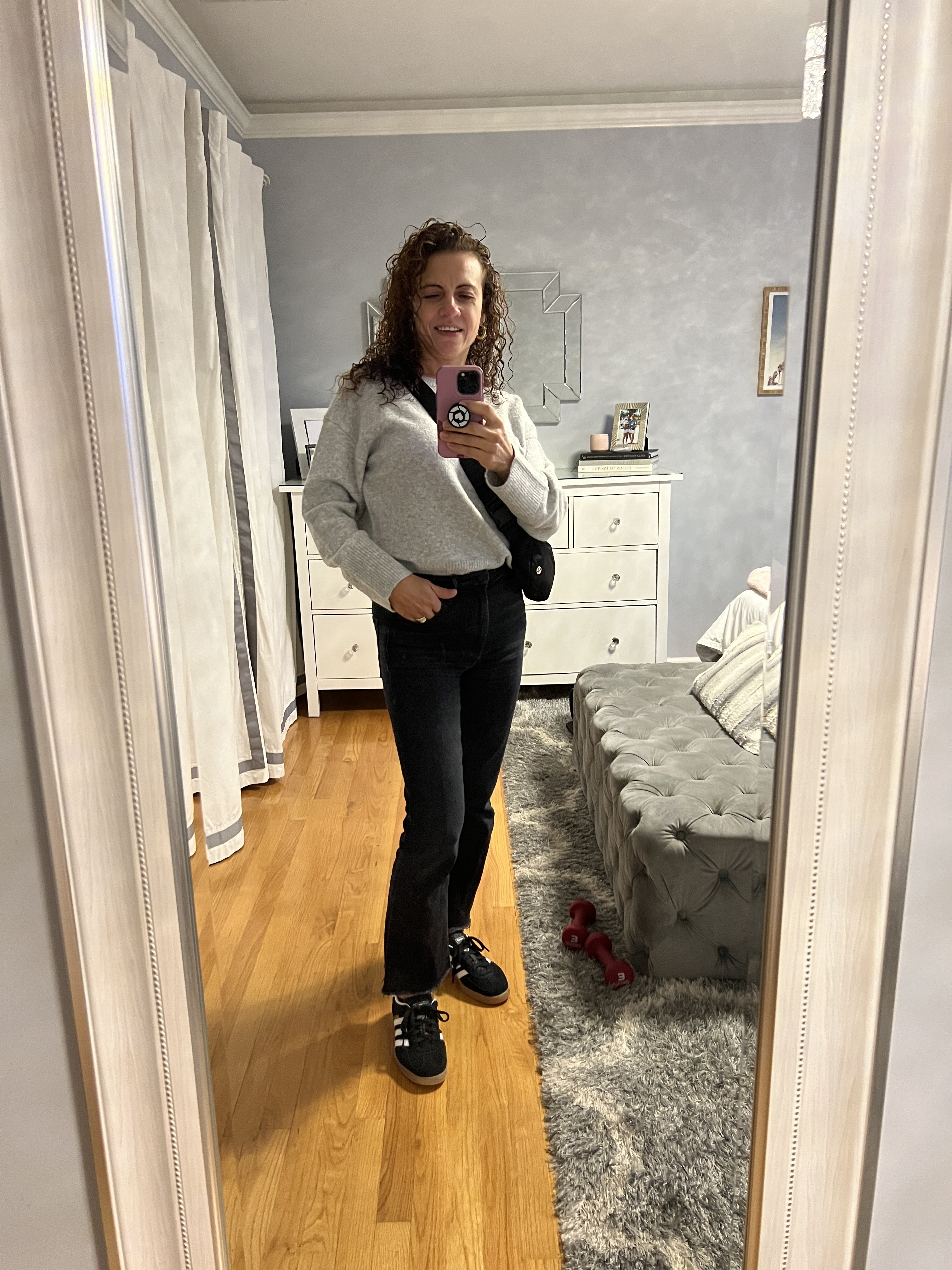 OOTD Grey sweater with be lack lulu cross body bag, black mother jeans, black bombas socks, Gazelle Indoor Shoes, black and white sneakers  let’s go teach!!

#LTKStyleTip #LTKWorkwear #LTKOver40