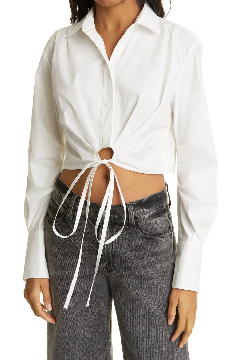 FRAME Wrap Tie Crop Button-Up Shirt, Size Small in Blanc at Nordstrom | Nordstrom Canada