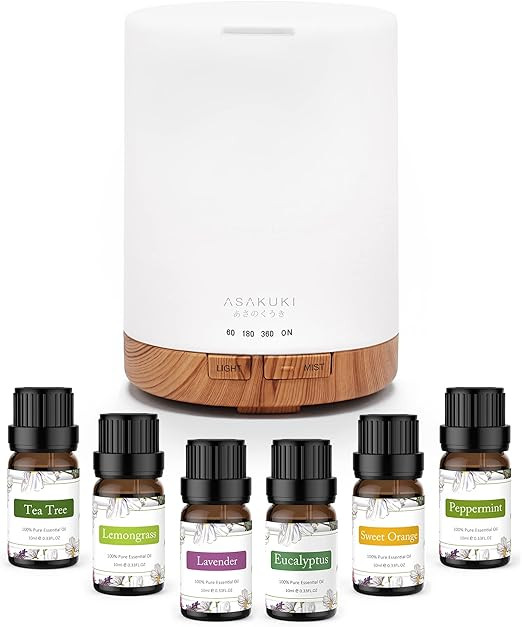 ASAKUKI 300ml Aromatherapy Oil Diffuser with 6Pcs*10ml Pure Essential Oil Gift Set, Cool Mist Ess... | Amazon (UK)