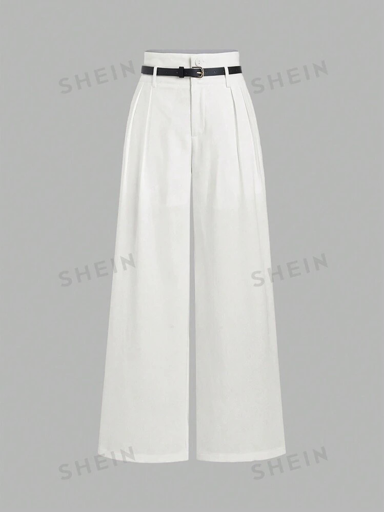 SHEIN Sweetro Waist Belted Solid Color Wide-Leg Suit Pants | SHEIN USA | SHEIN