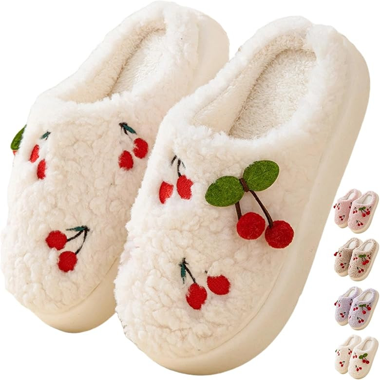 Cherry Slippers Women's Cute Fruit Soft Fleece Slipper - Winter Warm Plush Slip On House Shoes - ... | Amazon (US)