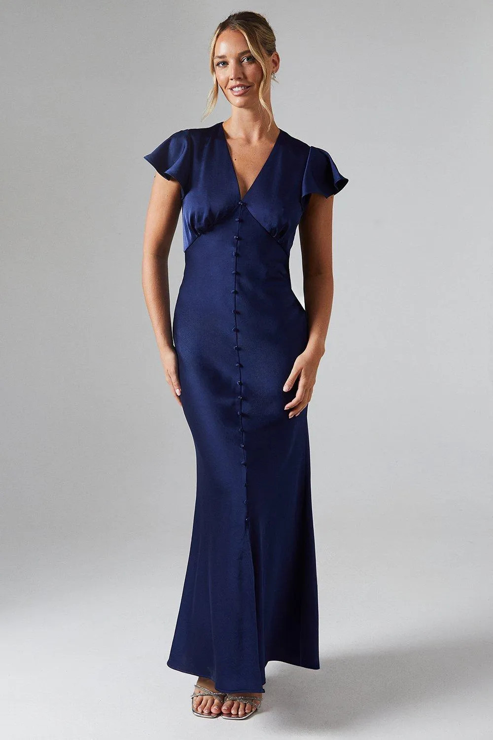 Button Detail V Neck Satin Bridesmaids Midaxi Dress | Boohoo.com (UK & IE)
