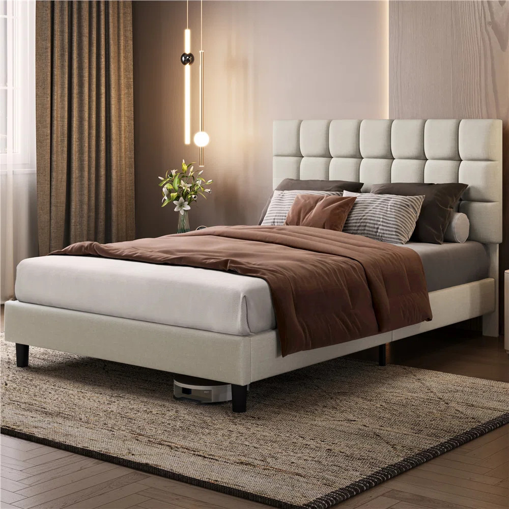 Size Modern Upholstered Bed Frame with Adjustable Square Tufted Headboard | Wayfair UK