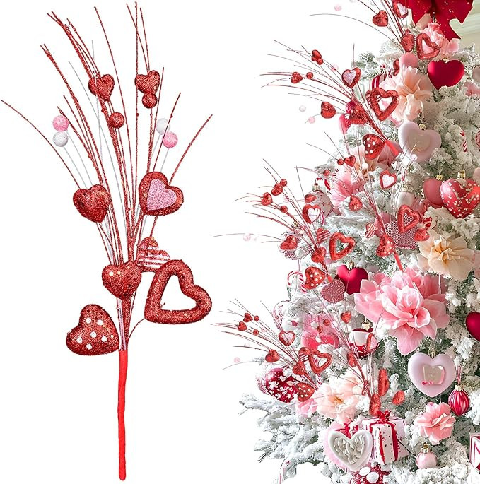 12 Pcs Valentine‘s Day Heart Picks Valentines Day Tree Topper Decorations for Tree Glitter Red ... | Amazon (US)