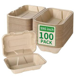 Compostable Bagasse Takeout Containers with Lids, PFAS-Free, Eco-Friendly, Biodegradable, 100 Pack | The Home Depot