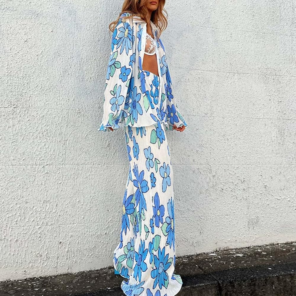 Women 2Pcs Casual Outfits Set Button Down Long Sleeve Shirt High Waist Pleated Pants Sets Streetwear | Amazon (US)