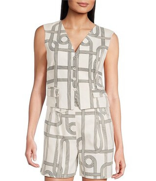 Le' AL.X Knot Print Woven V-Neck Sleeveless Button Front Coordinating Vest | Dillard's | Dillard's