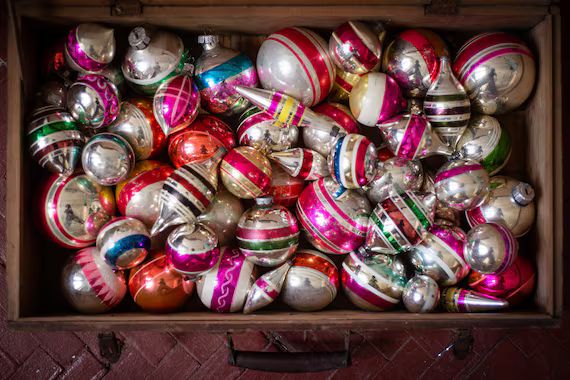 Christmas decoration, 1950s Christmas,assorted stripe glass ornaments, balls, icicles, Xmas antiq... | Etsy (US)