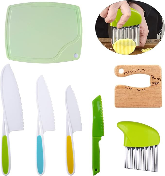 7 Pieces Wooden Kids Kitchen Knife Set, Include Wood Kids Safe Knives for Real Cooking Plastic Po... | Amazon (CA)