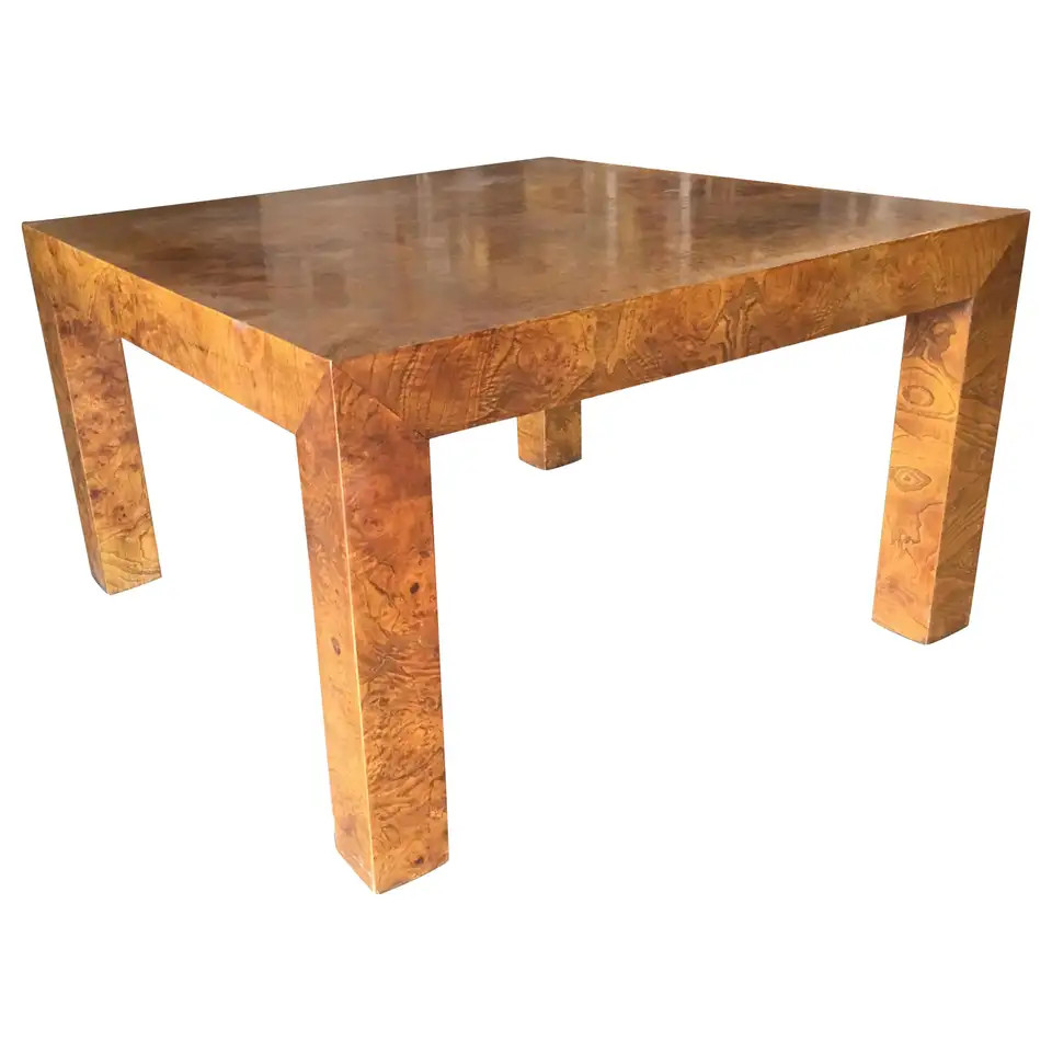 Midcentury Burl Wood Parsons Coffee Table in the Milo Baughman Style | 1stDibs